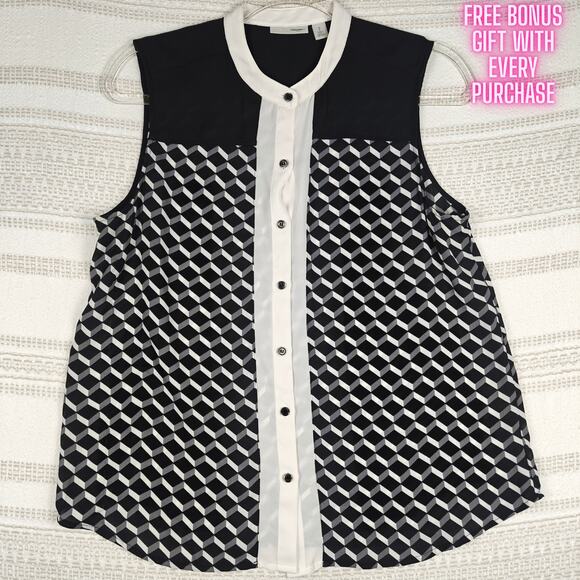 Halogen Geometric Print Button Tank Top Black White Size M Petite - Picture 1 of 8
